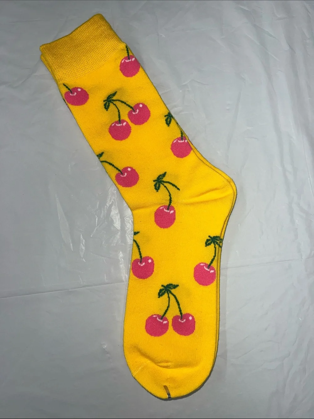 Bright Yellow Cherry Print Crew Socks Vibrant Pink Fruit Pattern